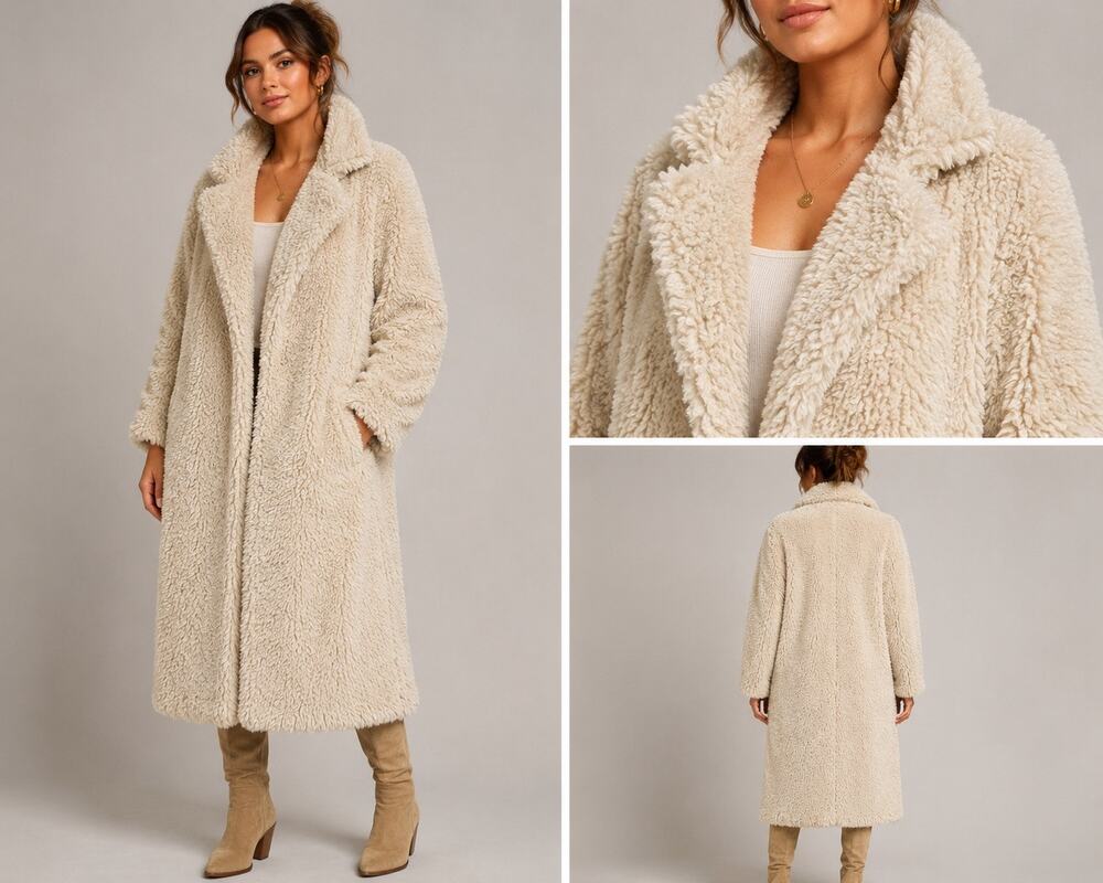 Sugar Poison Teddy Faux Fur Long Coat Cream Beige Sherpa Plush Snap Women's S